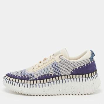 Pre Owned Chloe Nama Size 43 Navy Blue/White Knit Fabric and Suede Lace Up Sneakers