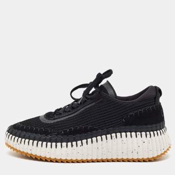Pre Owned Chloe Nama Size 43 Black Knit Fabric and Suede Lace Up Sneakers