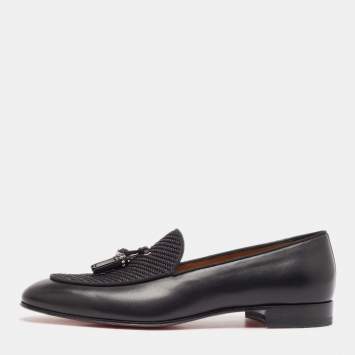Pre Owned Christian Louboutin Black Leather and Woven Fabric Tassel Detail Loafers Size 43