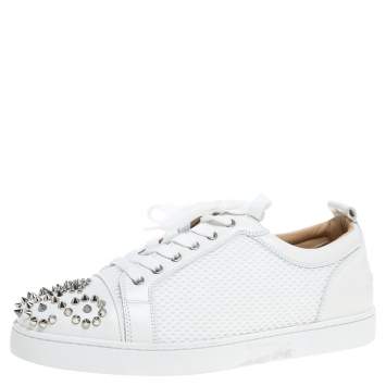 Pre Owned Christian Louboutin White Mesh Fabric and Leather Louis Junior Spikes Low Top Sneakers Size 43.5
