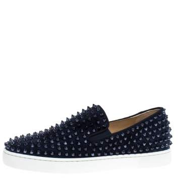 Pre Owned Christian Louboutin Navy Suede Roller Boat Spiked Slip On Sneakers Size 41