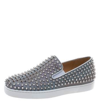 Pre Owned Christian Louboutin Metallic Silver Leather Roller Boat Spiked Slip On Sneakers Size 40