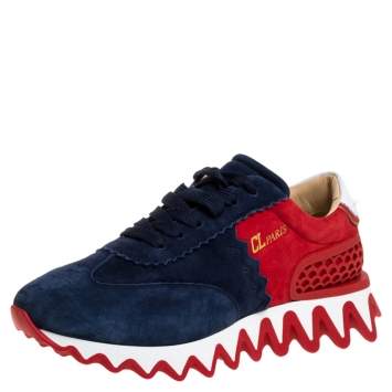 Pre Owned Christian Louboutin Blue/Red Suede And Leather Loubishark Low Top Sneakers Size 41