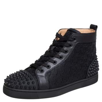 Pre Owned Christian Louboutin Black Leather And Cotton Fabric Lou Spikes 2 High Top Sneakers Size 40