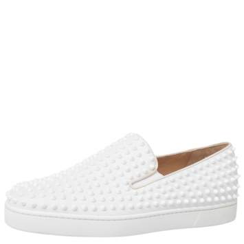 Pre Owned Christian Louboutin White Leather Roller Boat Spike Slip On Sneakers Size 44.5