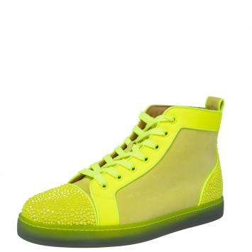 Pre Owned Christian Louboutin Neon Green Suede And Leather Louis P Strass II High Top Sneakers Size 41.5