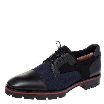 Pre Owned Christian Louboutin Black Leather, Denim, And Neoprene Lace Up Mika Sky Derby Size 44