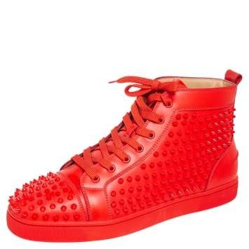 Pre Owned Christian Louboutin Orange Leather Louis Spike Sneakers Size 45.5