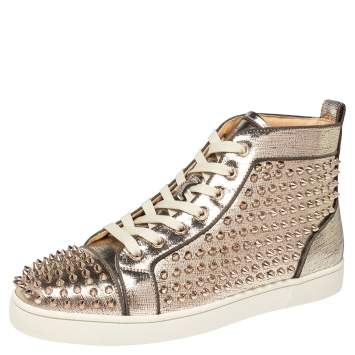 Pre Owned Christian Louboutin Metallic Gold Lamé Fabric Louis Spikes High Top Sneakers Size 42.5