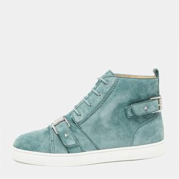 Pre Owned Christian Louboutin Teal Suede Nono Strap Belted Buckle Logo Hi-Top Sneakers Size 43.5