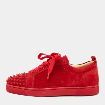 Pre Owned ChrIstian Louboutin Red Suede Louis Junior Spikes Low Tops Sneakers  Size 40