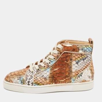 Pre Owned Christian Louboutin Metallic Mustard/Brown Python Leather Rantus Orlato High-Top Sneakers Size 40