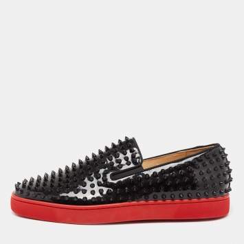 Pre Owned Christian Louboutin Black Patent Leather Roller Boat Spiked Slip On Sneakers Size 45