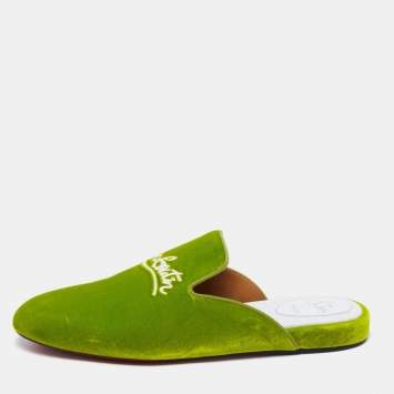 Pre Owned Christian Louboutin Green Logo Embroidered Velvet Coolito Flat Mules Size 46
