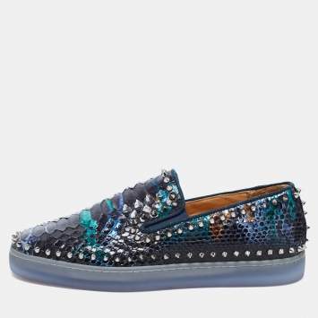 Pre Owned Christian Louboutin Multicolor Python Leather Spiked Pik Boat Slip On Sneakers Size 44
