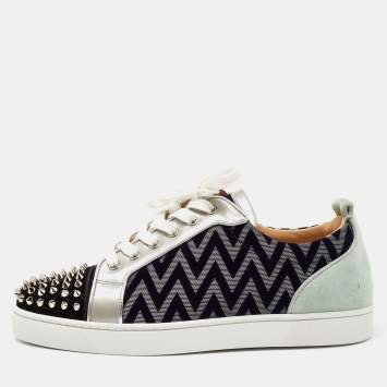 Pre Owned Christian Louboutin Multicolor Zig Zag Fabric, Leather and Suede Louis Junior Spikes Low-To Sneakers Size 42  
