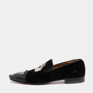 Pre Owned Christian Louboutin Black/Navy Blue Velvet Captain Loubi Loafers Size 40