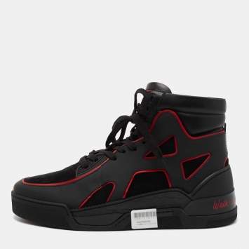 Pre Owned Christian Louboutin Black/Red Suede and Leather High Top Sneakers Size 42.5 