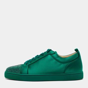 Pre Owned Christian Louboutin Green Satin Louis Junior Strass Low Top Sneakers Size 42.5