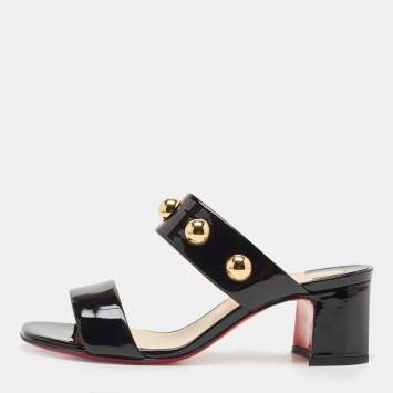 Pre Owned Christian Louboutin Black Patent Leather Bille 55 Studded Slide Sandals Size 38