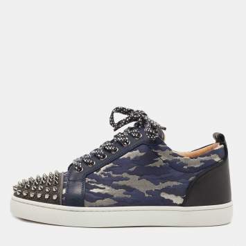 Pre Owned Christian Louboutin Black/Blue Leather and Lurex Fabric Louis Junior Spikes Low Top Sneakers Size 39.5