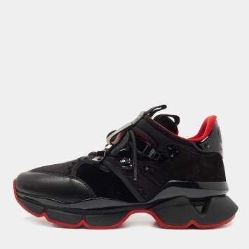 Pre Owned Christian Louboutin Black Leather and Fabric Red Runner Studded Low Top Sneakers Size 39