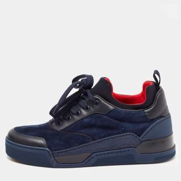 Pre Owned Christian Louboutin Navy Blue/Black Leather and Suede Aurelien Sneakers Size 39.5