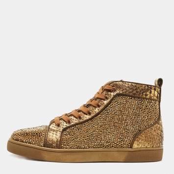 Pre Owned Christian Louboutin Gold Python Louis Flat Strass High-Top Sneakers Size 44