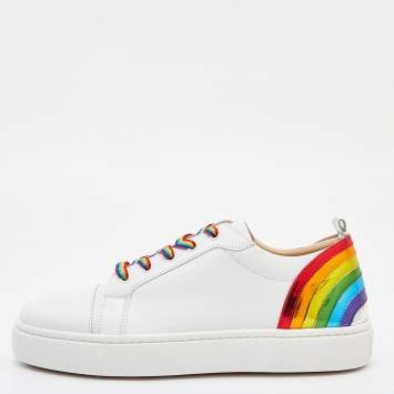 Pre Owned Christian Louboutin White Leather Arkenspeed Rainbow Sneakers Size 40.5