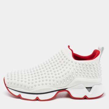 Pre Owned Christian Louboutin White Neoprene Spike Sock Slip On Sneakers Size 42