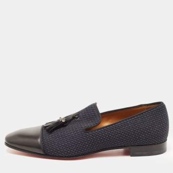 Pre Owned Christian Louboutin Navy Blue/Black Woven Fabric and Leather Spiked Tassel Smoking Slippers Size 42