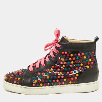 Pre Owned Christian Louboutin Black Patent and Leather Multicolor Spikes Louis Sneakers Size 42
