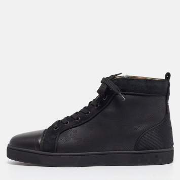 Pre Owned Christian Louboutin Black Perforated Leather and Grosgrain Louis Orlato Sneakers Size 45