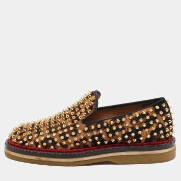 Pre Owned Christian Louboutin Beige/Black Leopard Print Calf Hair Spikes Slip On Smoking Slippers Size 40