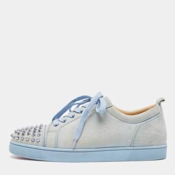 Pre Owned Christian Louboutin Blue Suede Louis Junior Spikes Low Top Sneakers Size 42.5