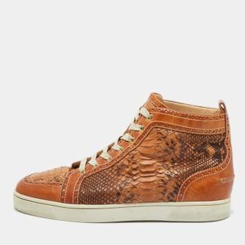 Pre Owned Christian Louboutin Brown Leather and Python Leather Orlato High Top Sneakers Size 44