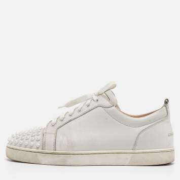 Pre Owned Christian Louboutin White Leather Louis Junior Spikes Low Top Sneakers Size 43.5