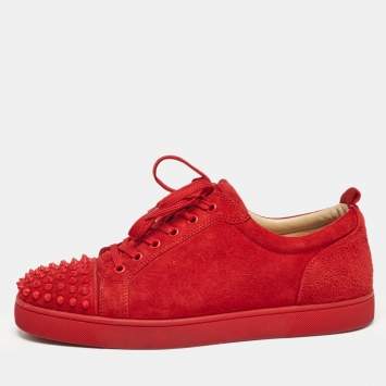 Pre Owned Christian Louboutin Red Suede Louis Junior Spikes Low Top Sneakers Size 43.5