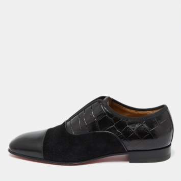 Pre Owned Christian Louboutin Black Croc Embossed Leather, Suede and Leather Alpha Male Loafers Size 39