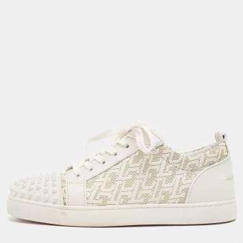 Pre Owned Christian Louboutin White Leather Louis Junior Spikes Lace Up Sneakers Size 44