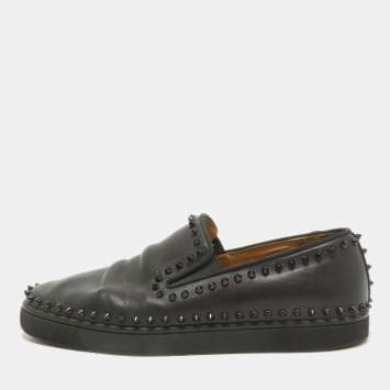 Pre Owned Christian Louboutin Black Leather Pik Boat Slip On Sneakers Size 43.5