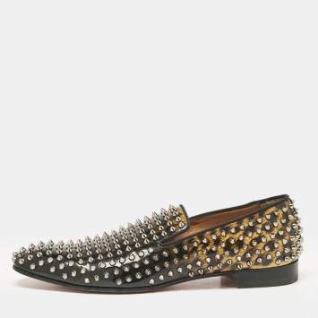 Pre Owned Christian Louboutin Black/Brown Leopard Print Patent Leather Dandelion Spikes Smoking Slippers Size 43