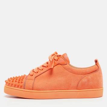 Pre Owned Christian Louboutin Neon Orange Suede Louis Junior Spikes Sneakers Size 44