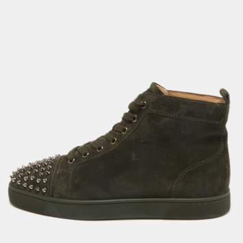 Pre Owned Christian Louboutin Olive Green Suede Lou Spikes Sneakers Size 43.5