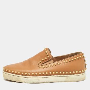 Pre Owned Christian Louboutin Brown Leather Pik Boat Slip On Sneakers Size 42