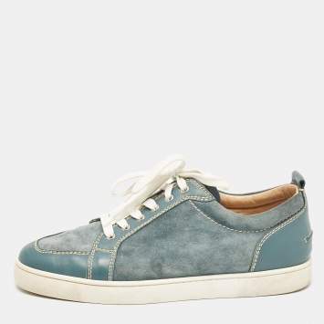 Pre Owned Christian Louboutin Grey Leather and Suede Rantulow Lace Up Sneakers Size 45.5