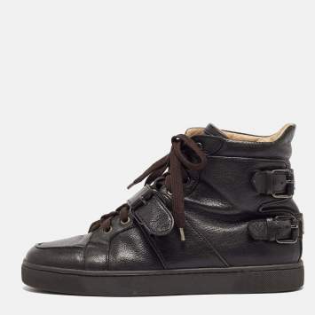 Pre Owned Christian Louboutin Dark Brown Leather Buckle Detail High Top Sneakers Size 40