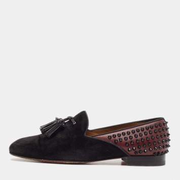 Pre Owned Christian Louboutin Black/Burgundy Suede and Leather Tassilo Loafers Size 43