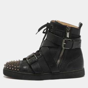 Pre Owned Christian Louboutin Black Canvas And Leather Snap Shoot Spikes Sneakers Size 40.5
