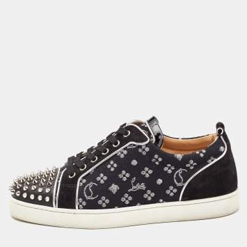 Pre Owned Christian Louboutin Black Loubi in the Sky Jacquard and Suede Spikes Orlato Sneakers Size 42